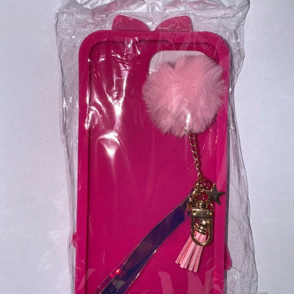 Pink Phone Case with Pom Pom Charm